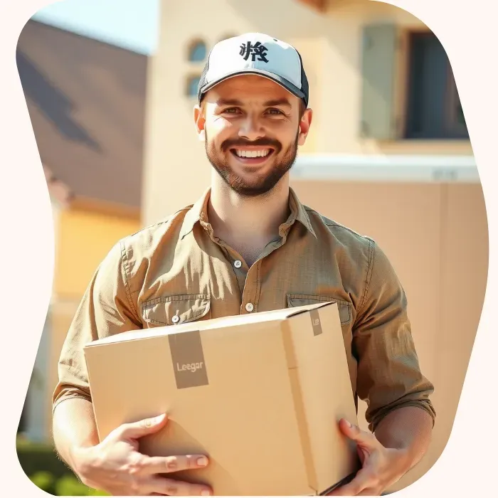 Two removalists moving boxes up stairs