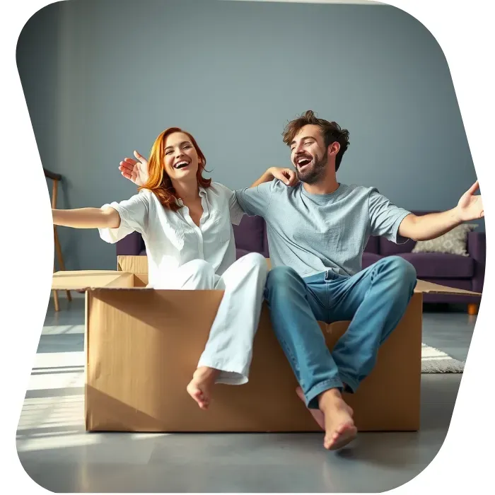 Two guys sitting on the floor of their apartment with Muval moving boxes